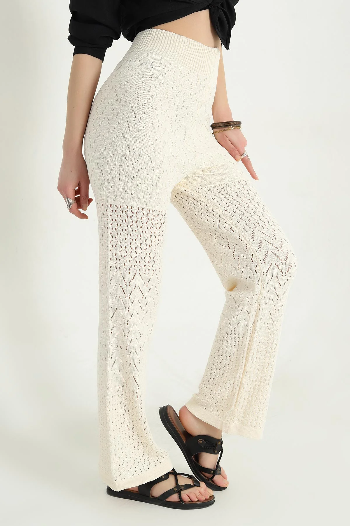 Taş Ajurlu Beli Lastikli Triko Kadın Pantolon 341603