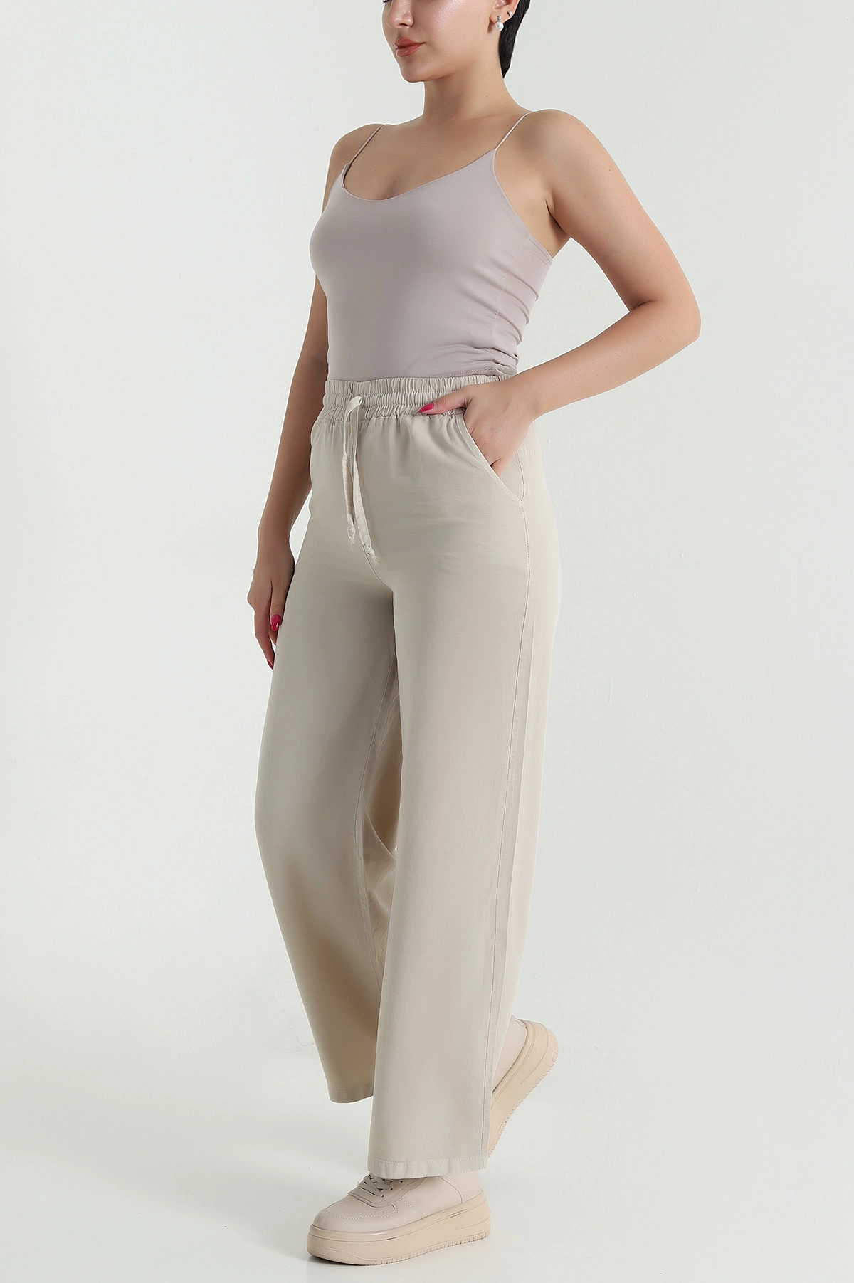 Taş Bel Lastikli Bol Paça Tencel Kadın Pantolon 474044