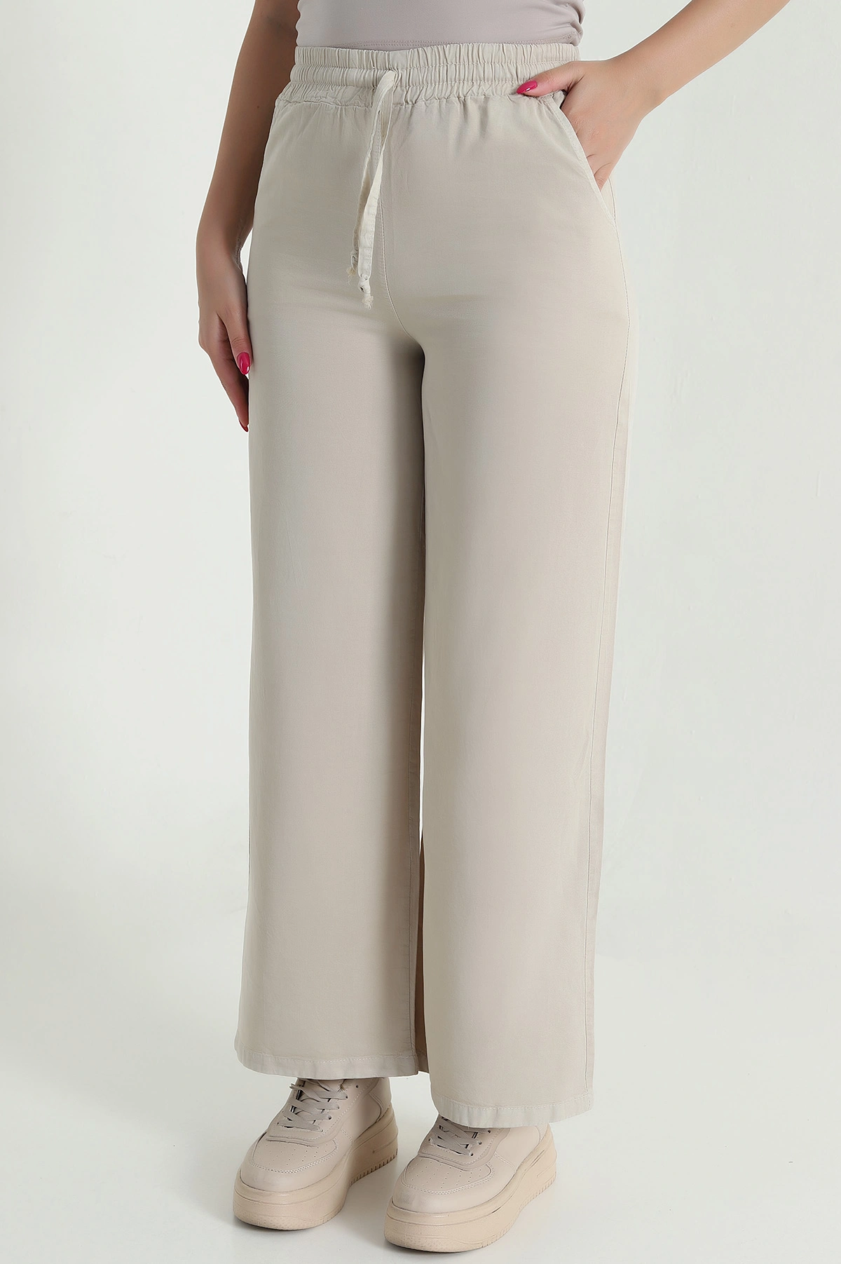 Taş Bel Lastikli Bol Paça Tencel Kadın Pantolon 474044