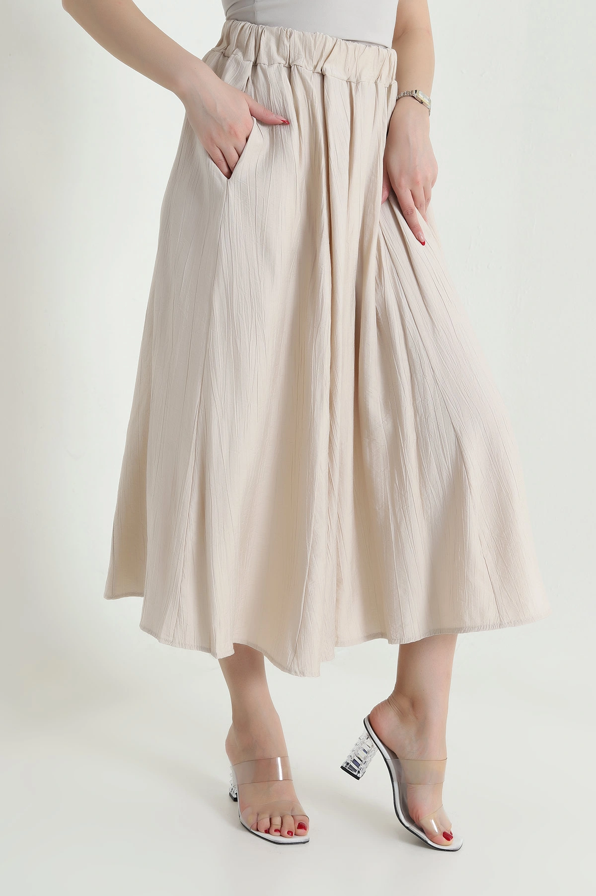 Taş Bel Lastikli Cepli Dökümlü Krinkıl Kadın Etek 438861