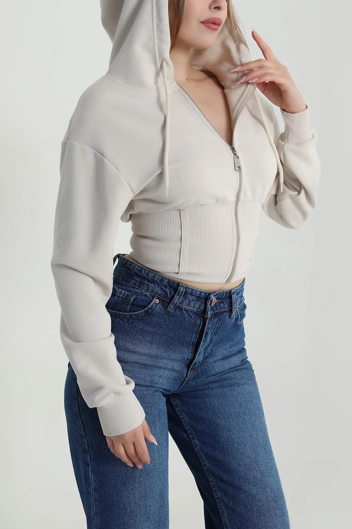 Taş Beli Korseli Şardonsuz Üç İp Kadın Fermuarlı Sweat 486167