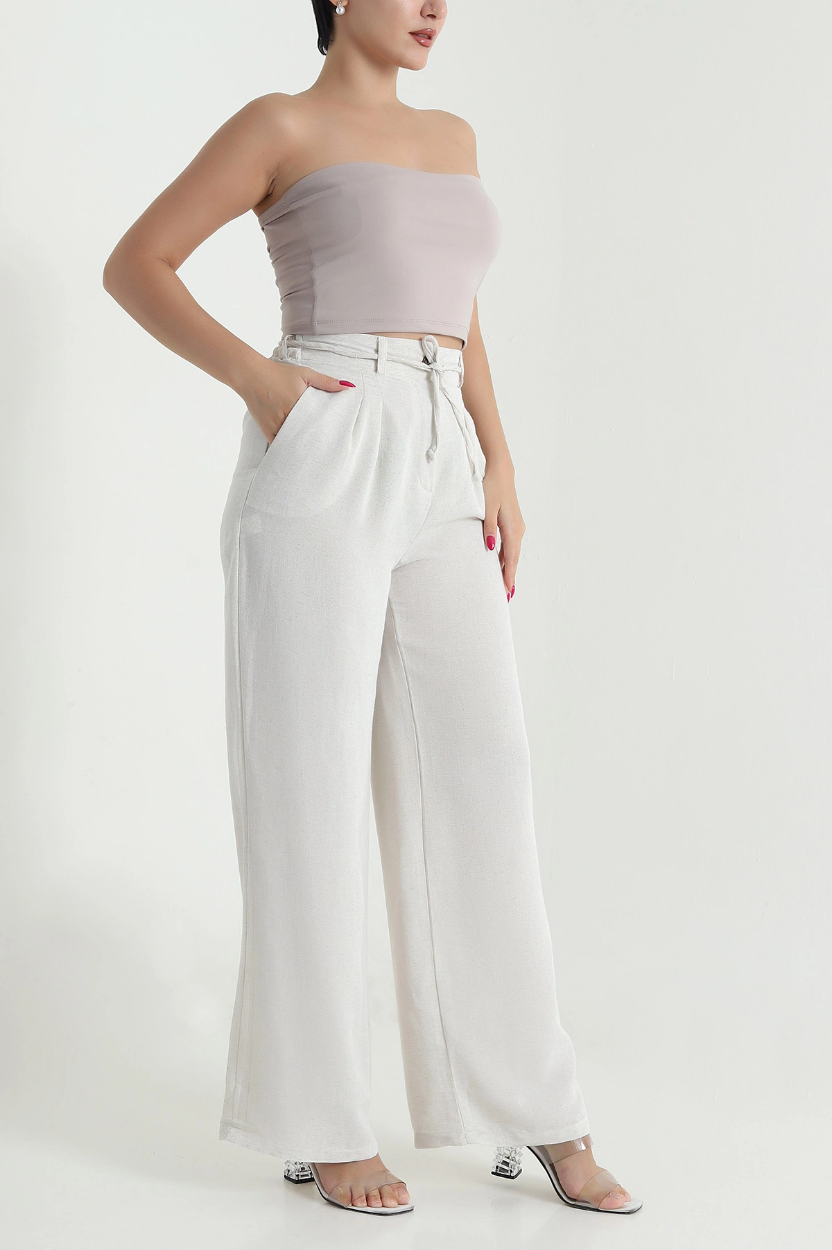 Taş Beli Lastikli İpli Keten Kadın Pantolon 477862