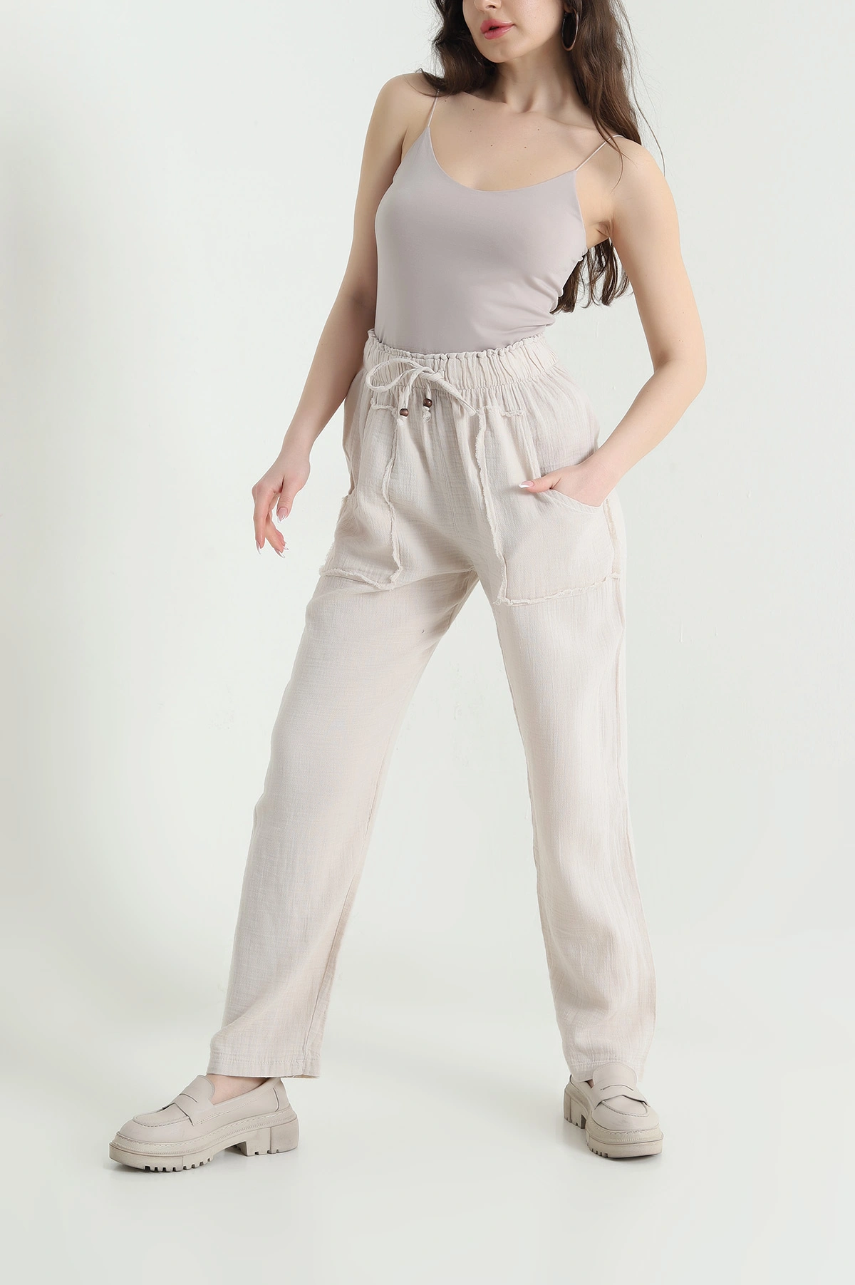 Taş Beli Lastikli Müslin Keten Kadın Pantolon 451558