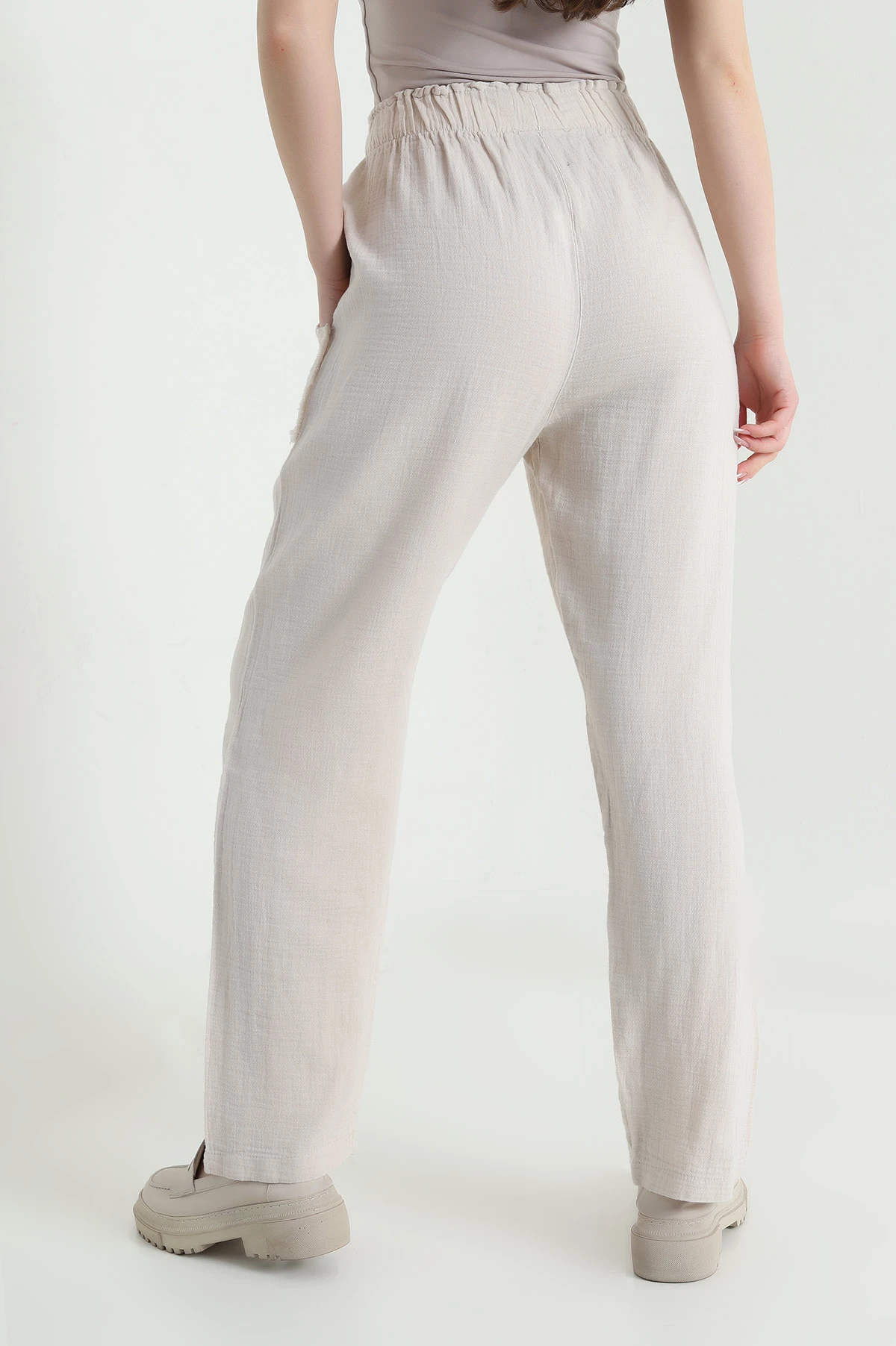 Taş Beli Lastikli Müslin Keten Kadın Pantolon 451558