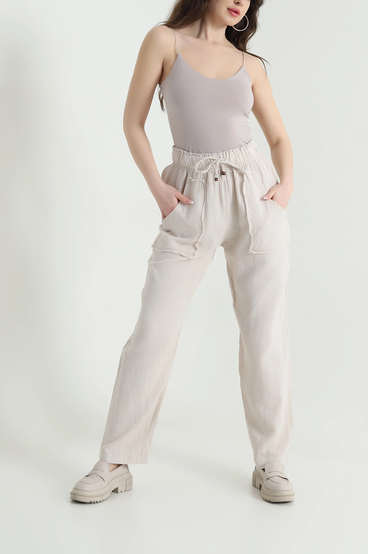 Taş Beli Lastikli Müslin Keten Kadın Pantolon 451558