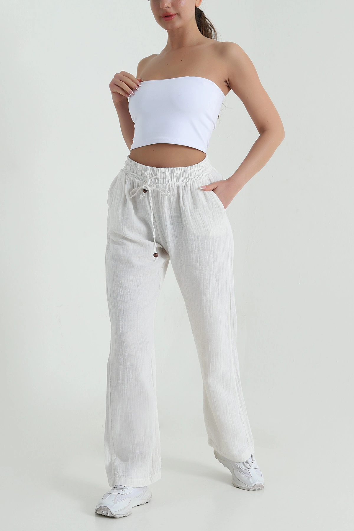 Taş Beli Lastikli Müslin Keten Kadın Pantolon 457933