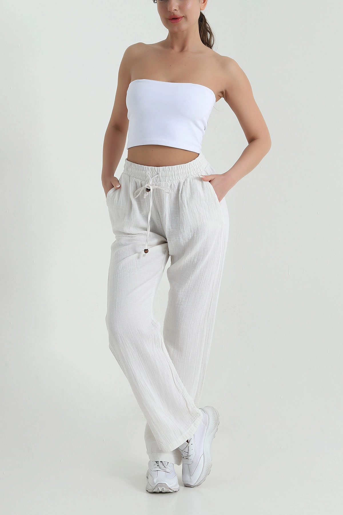 Taş Beli Lastikli Müslin Keten Kadın Pantolon 457933