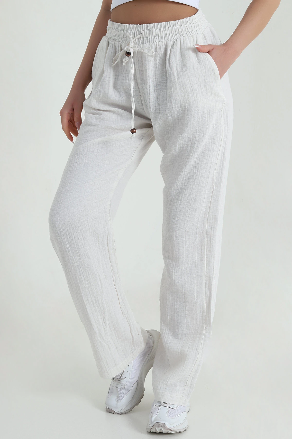 Taş Beli Lastikli Müslin Keten Kadın Pantolon 457933