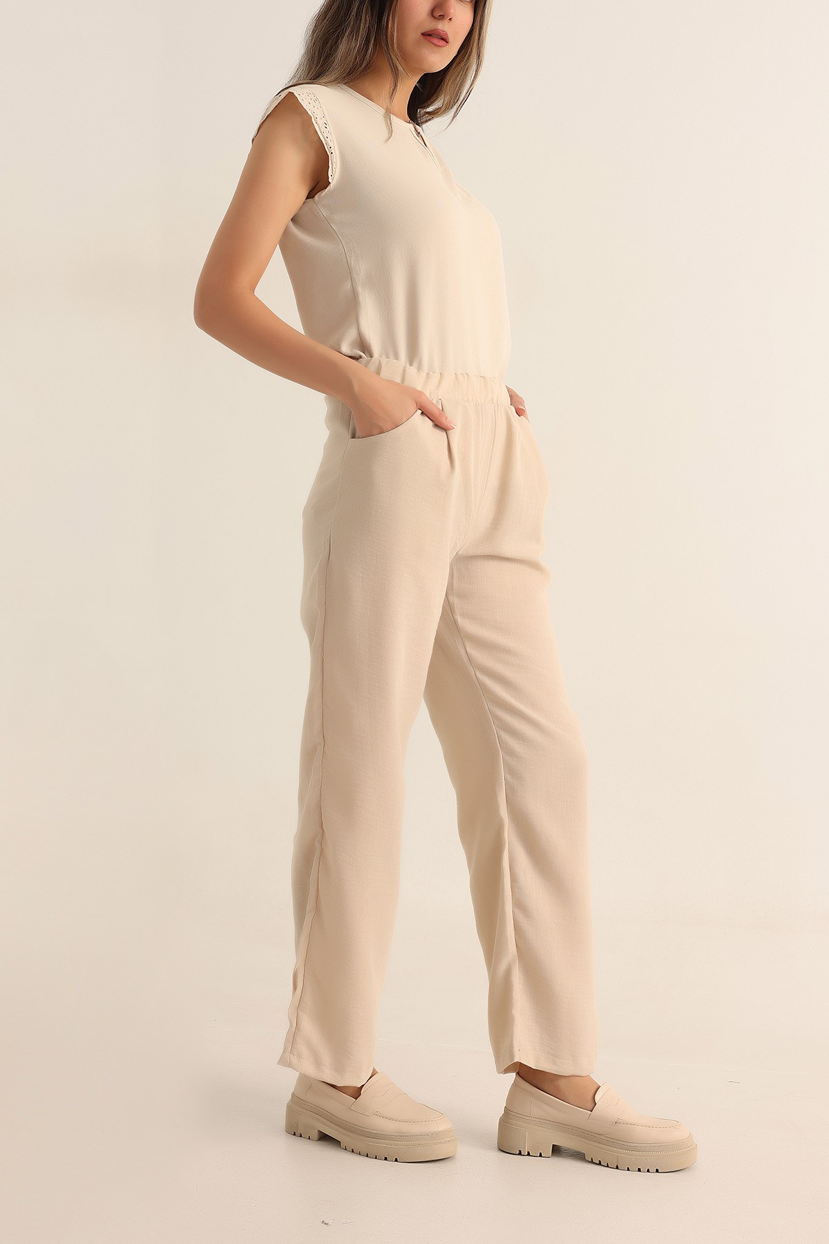 Taş Beli Lastikli Rahat Kalıp Keten Pantolon 186480