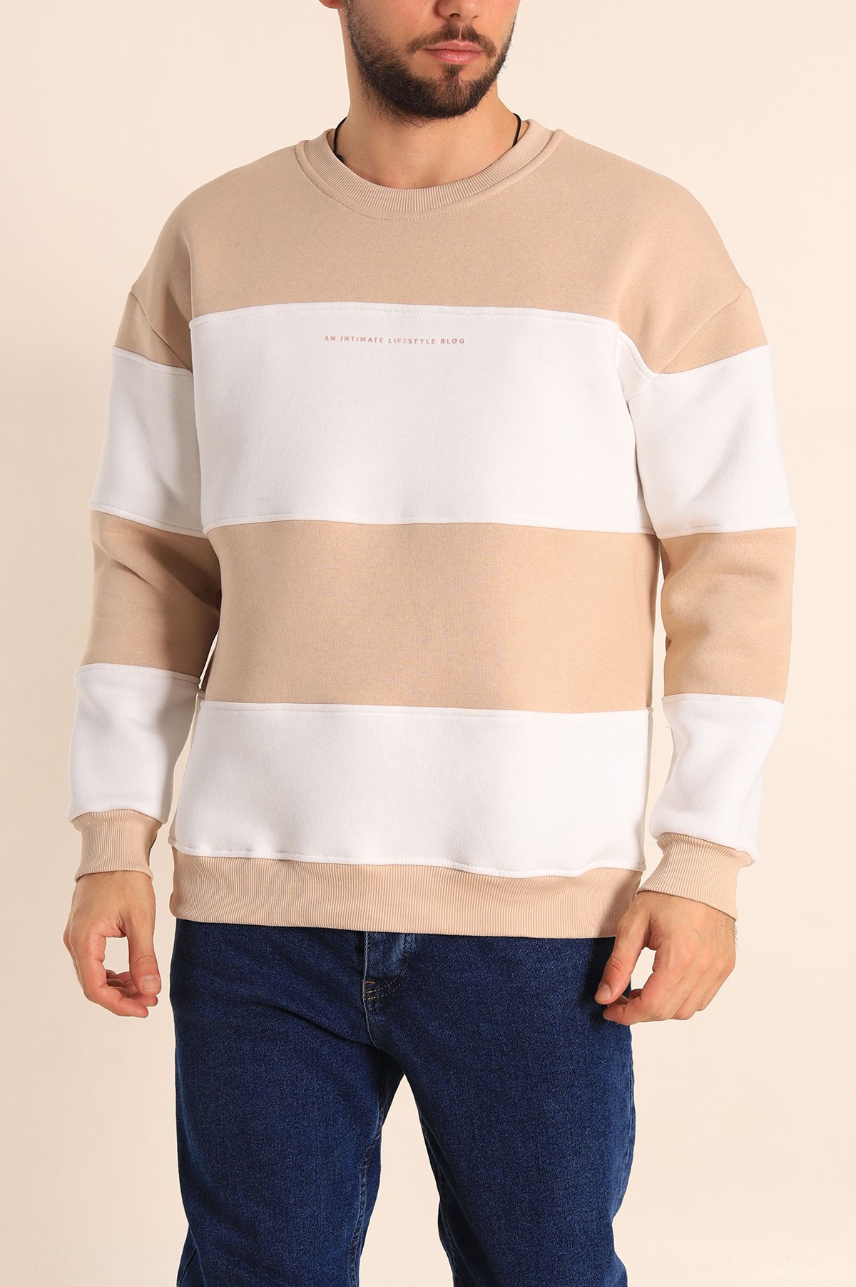 Taş Beyaz Oversize Üç İp Şardonlu Kabartma Yazılı Erkek Sweatshirt 222559