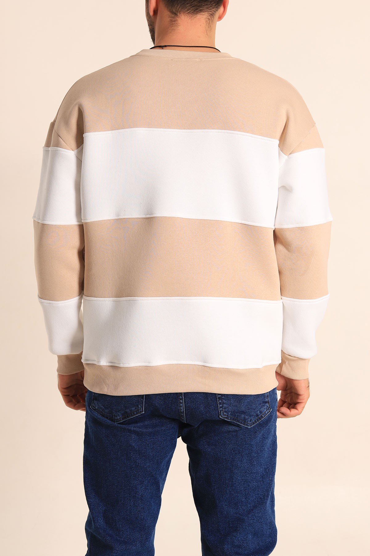 Taş Beyaz Oversize Üç İp Şardonlu Kabartma Yazılı Erkek Sweatshirt 222559