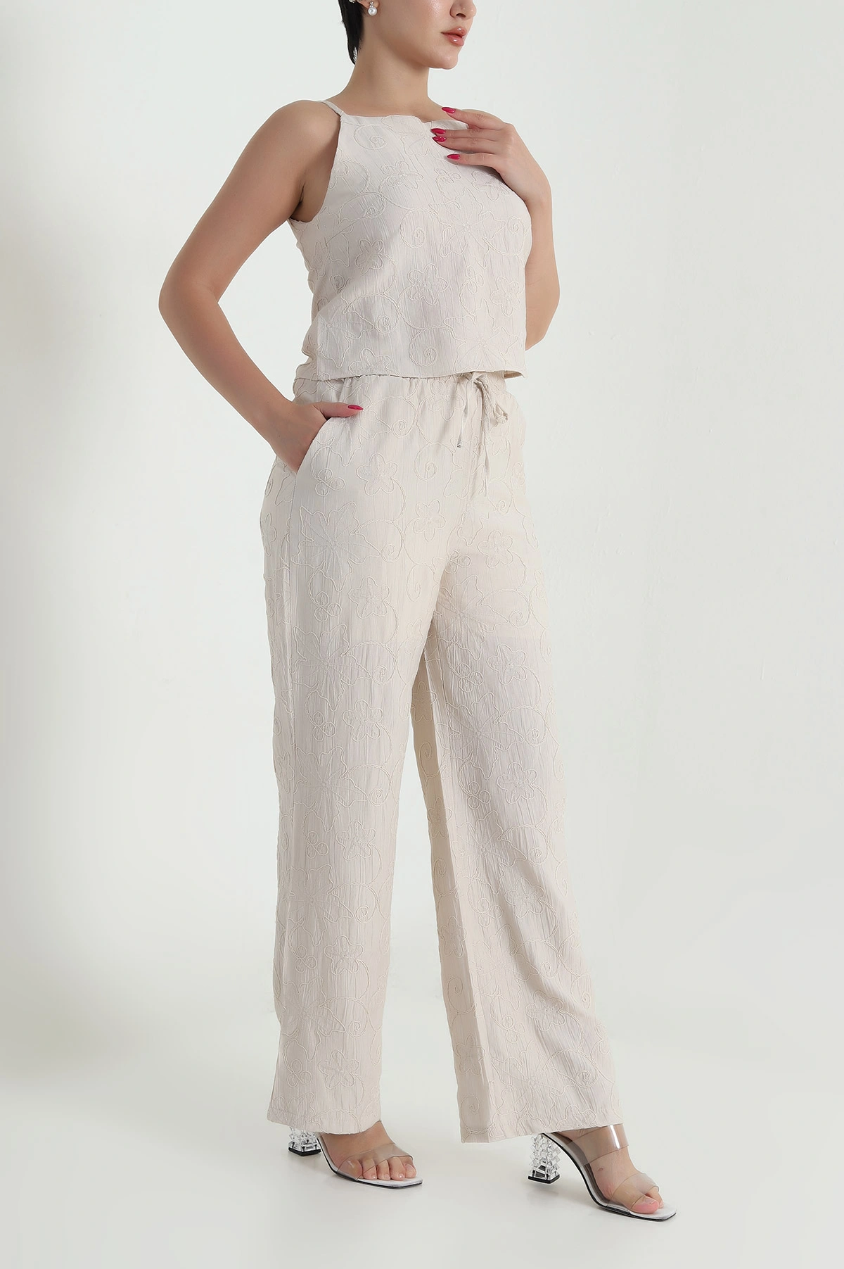 Taş Bluz Pantolon Çilek Kumaş Nakışlı İkili Takım 474358