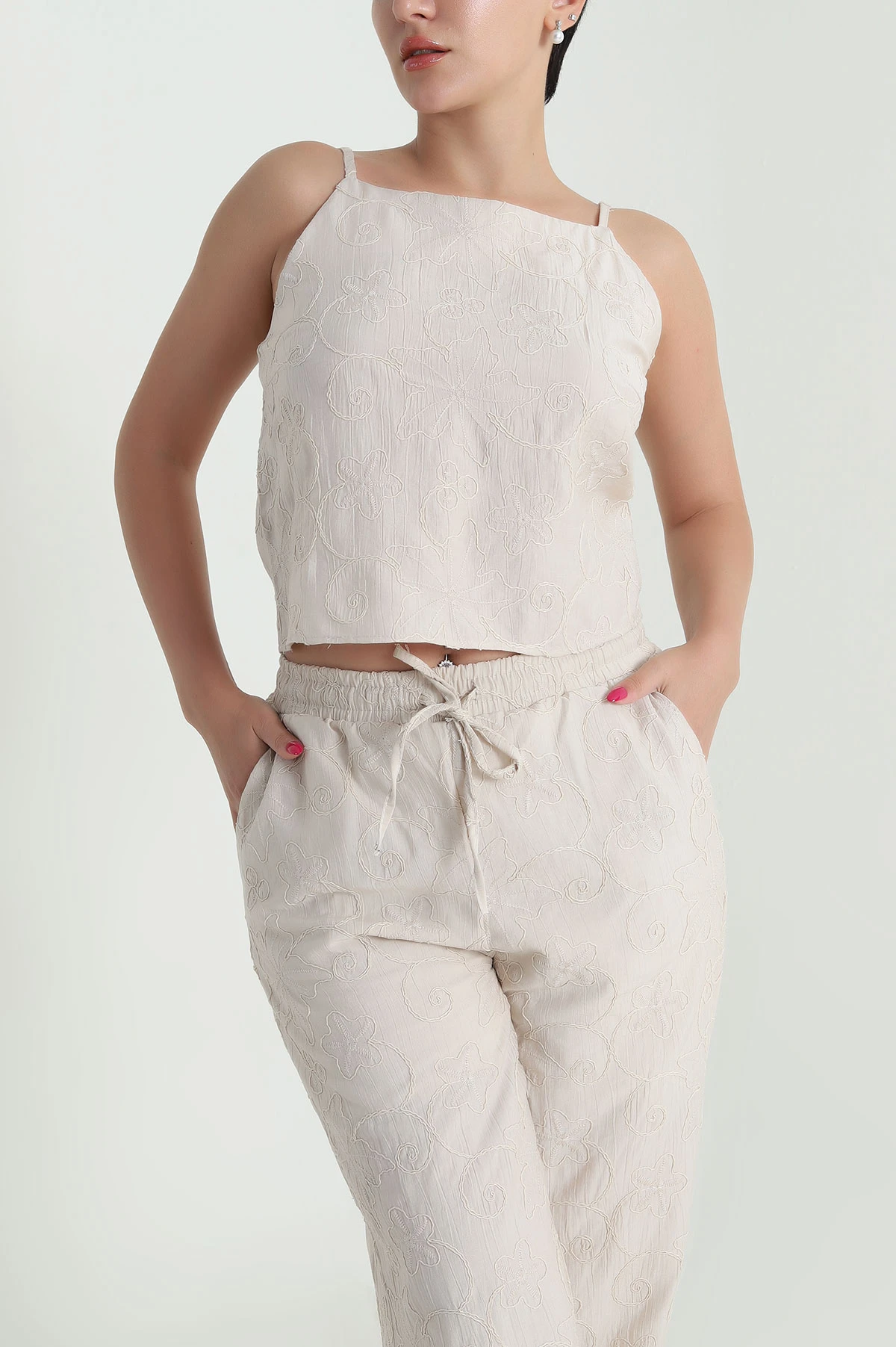 Taş Bluz Pantolon Çilek Kumaş Nakışlı İkili Takım 474358