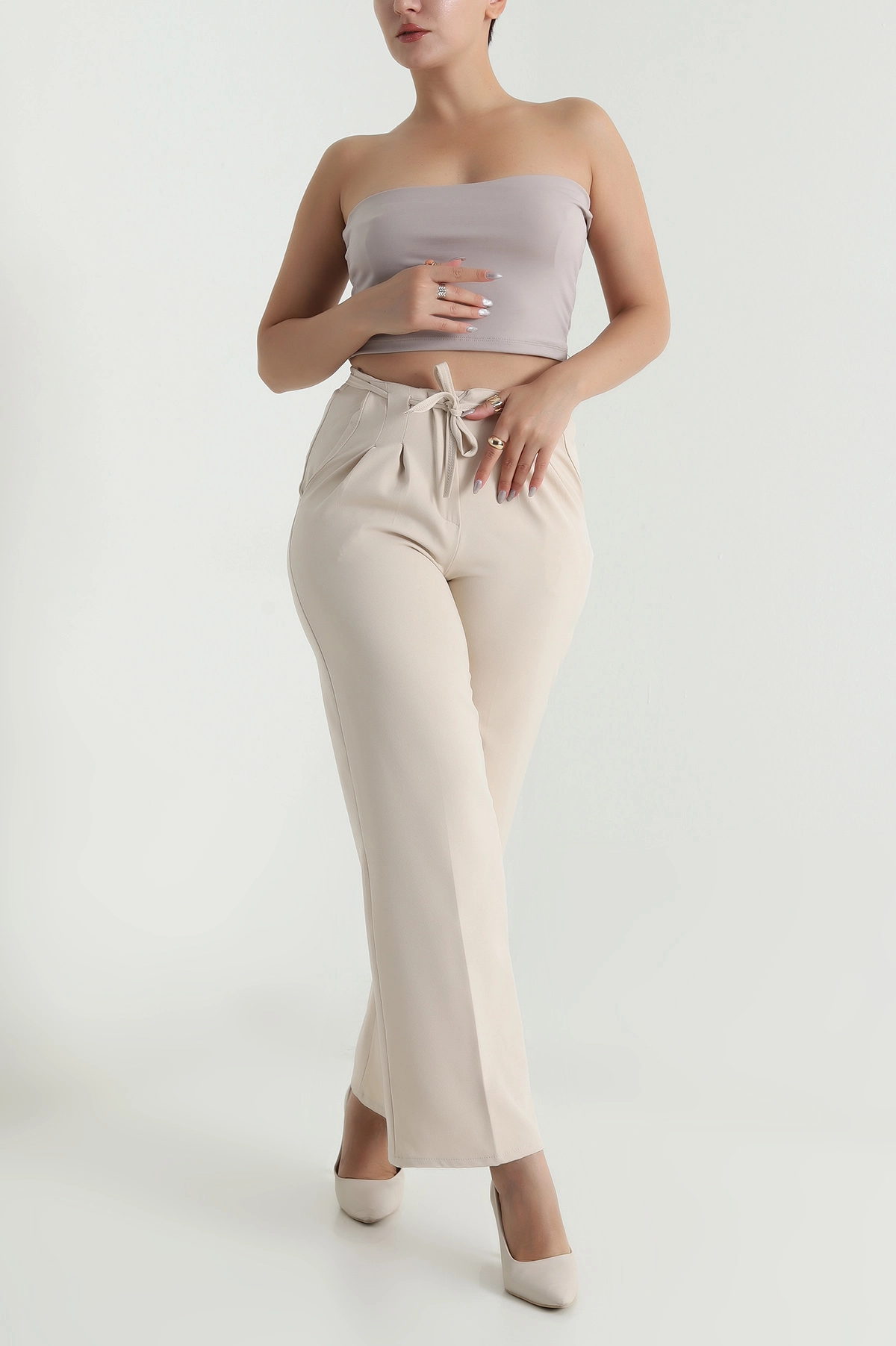 Taş Çift Pileli Beli Lastikli Kadın Pantolon 482480
