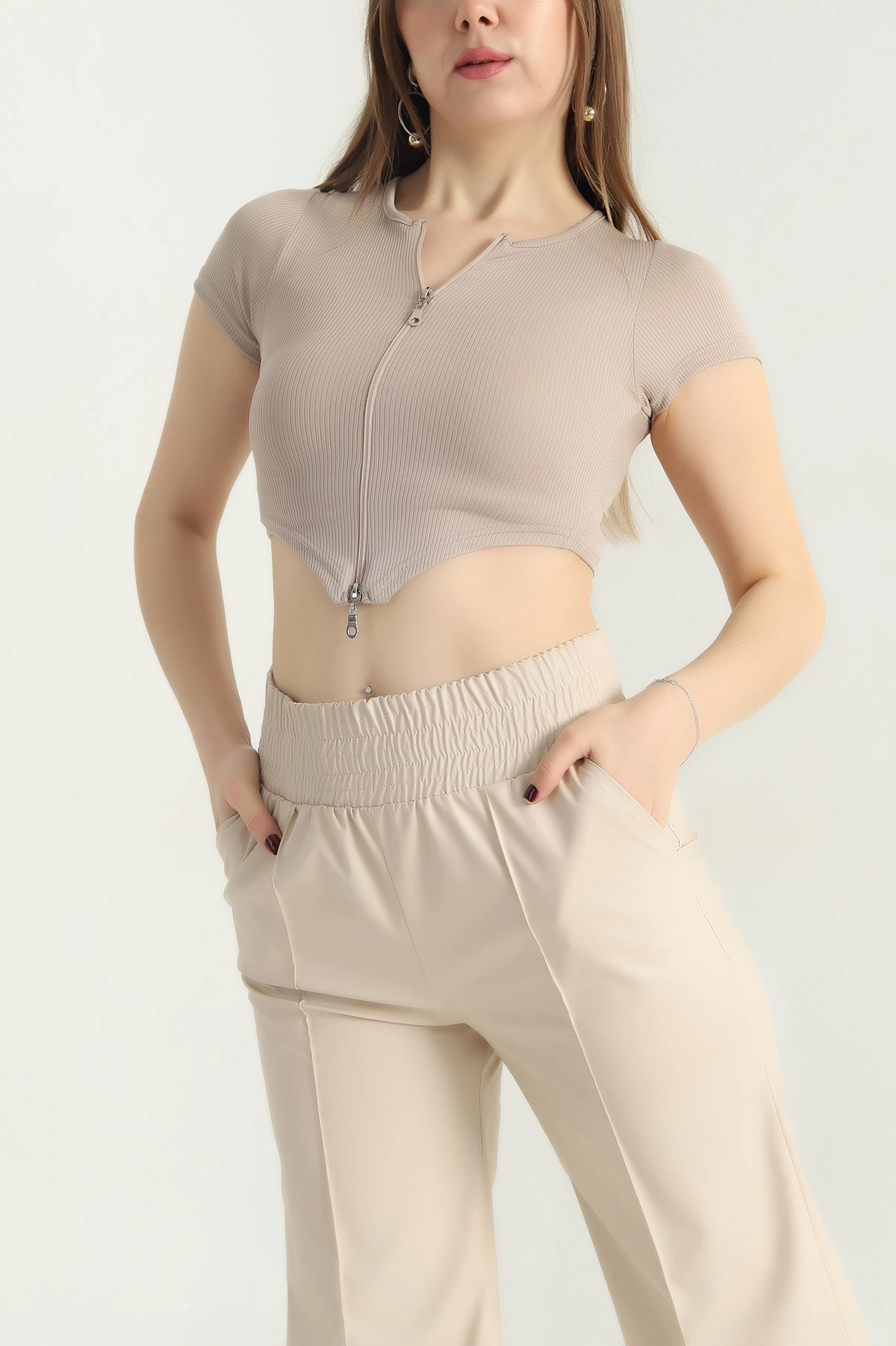Taş Çift Taraflı Fermuarlı Soft Kadın Bluz 342306