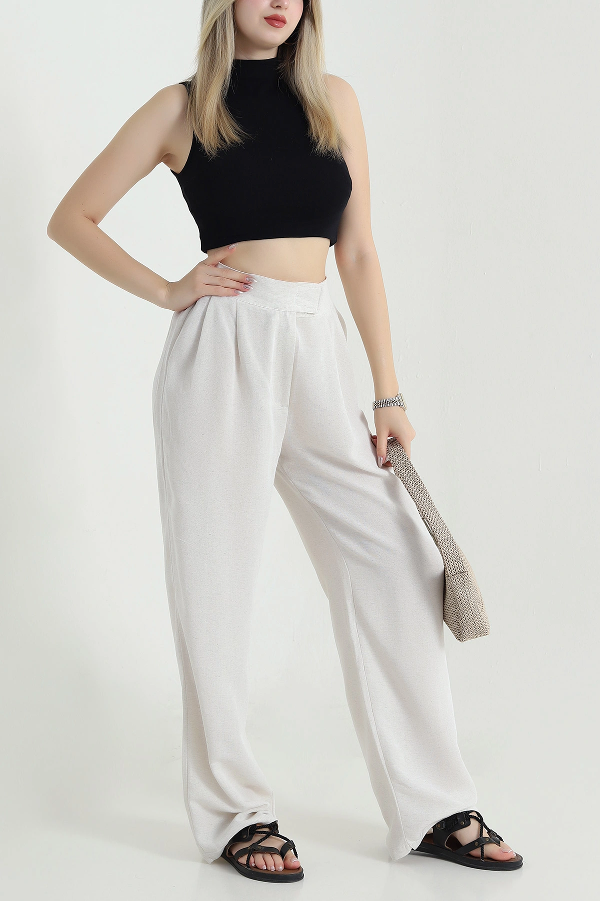 Taş Cırt Kapama Pileli Keten Kadın Pantolon 470608