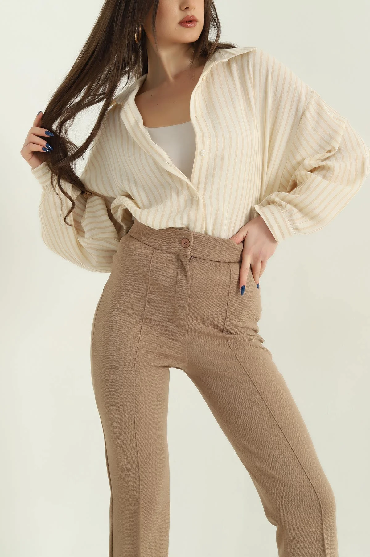 Taş Çizgili Oversize Bayan Keten Gömlek 336979