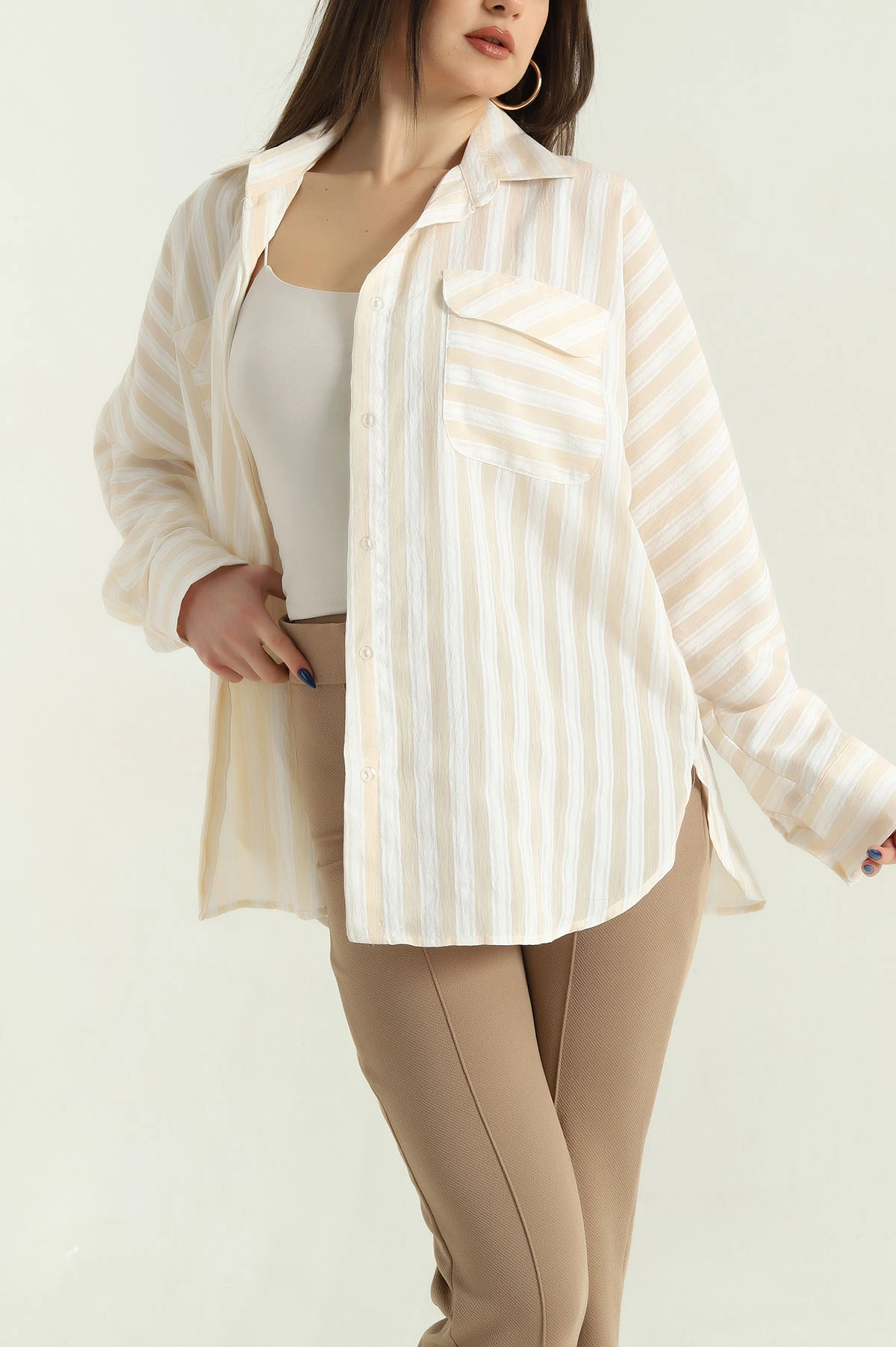 Taş Çizgili Oversize Dokuma Bayan Gömlek 336994