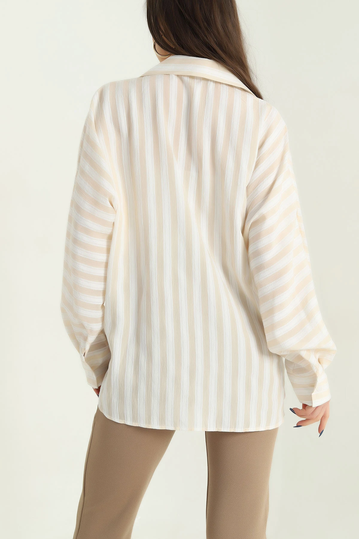 Taş Çizgili Oversize Dokuma Bayan Gömlek 336994