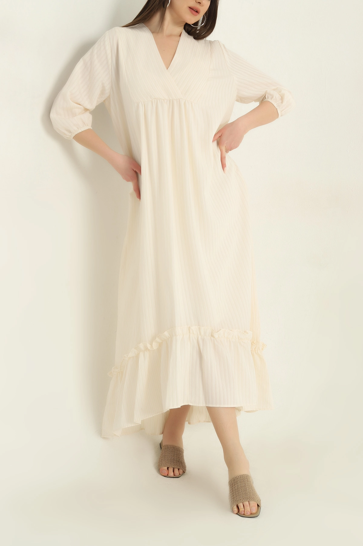 Taş Çizgili Oversize Dokuma Kadın Elbise 355265