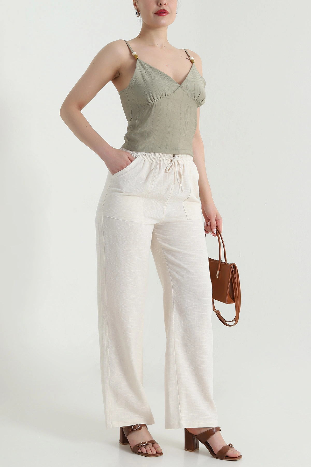 Taş Dimi kumaş Beli Lastikli Kadın Pantolon 470567