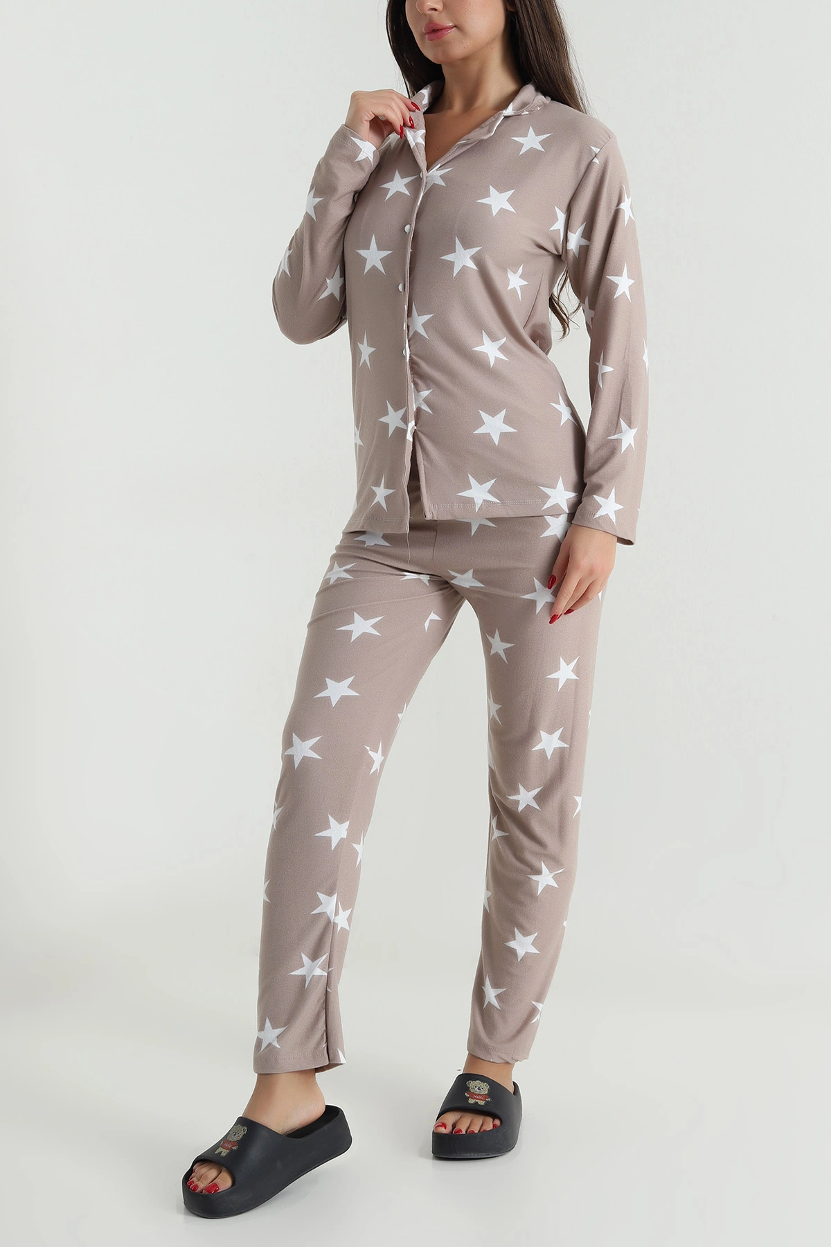Taş Düğmeli Süet Kadın Pijama Takımı 490742