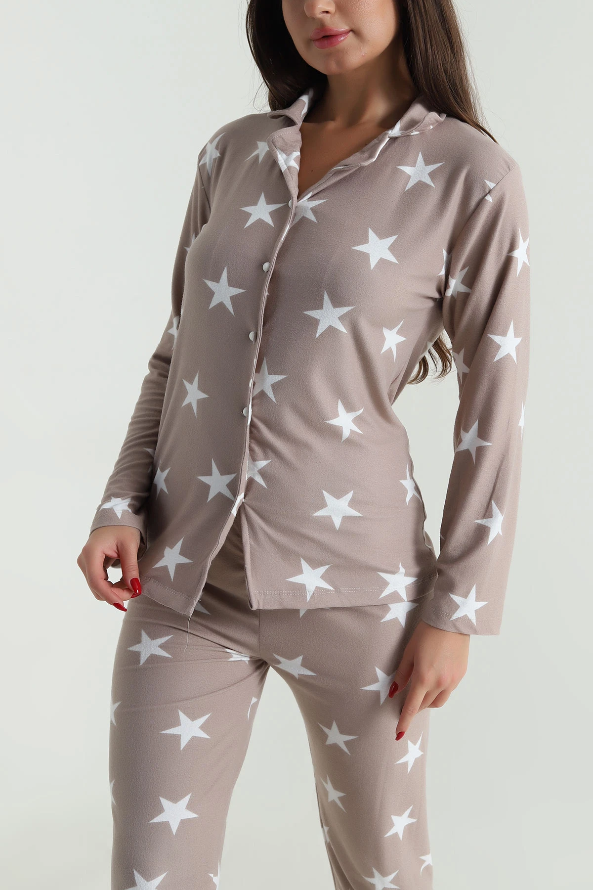 Taş Düğmeli Süet Kadın Pijama Takımı 490742