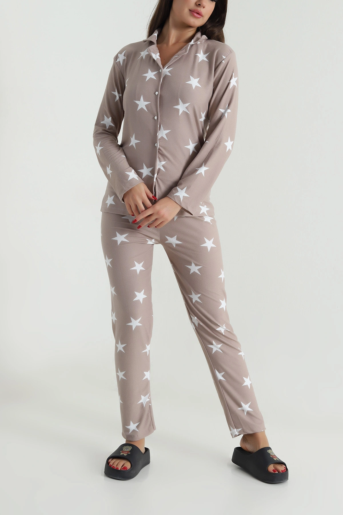 Taş Düğmeli Süet Kadın Pijama Takımı 490742