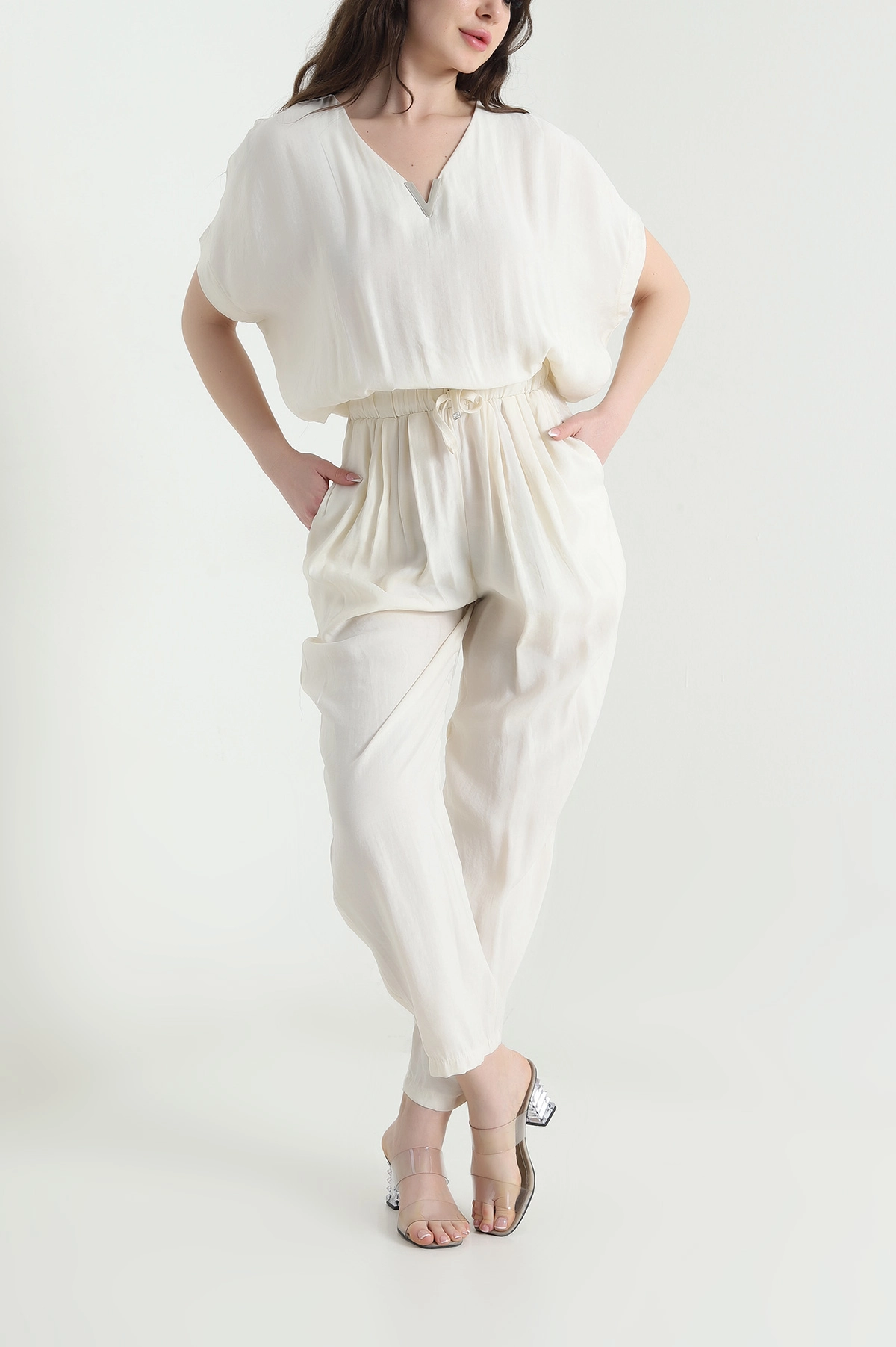 Taş Fermuarlı Bel Lastikli Tencel Kadın Tulum 452634