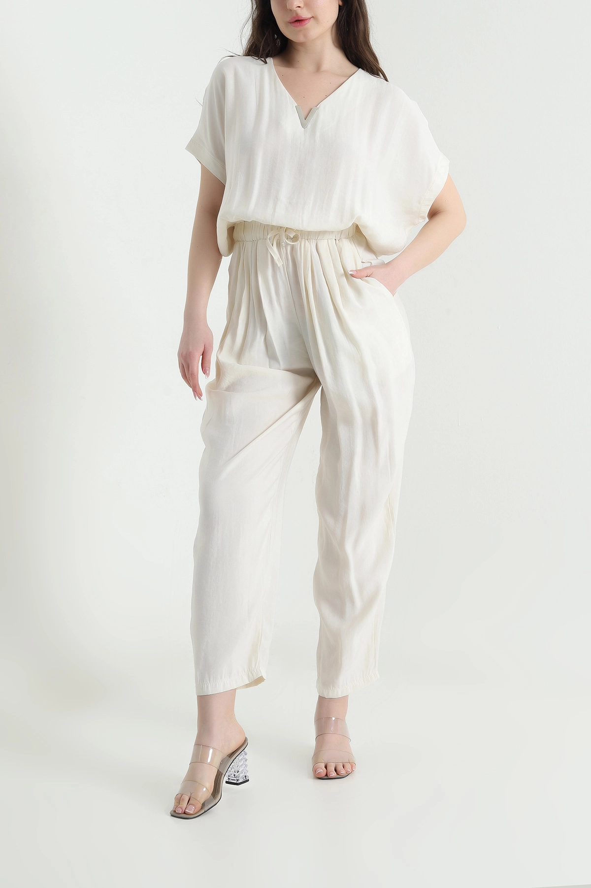 Taş Fermuarlı Bel Lastikli Tencel Kadın Tulum 452634