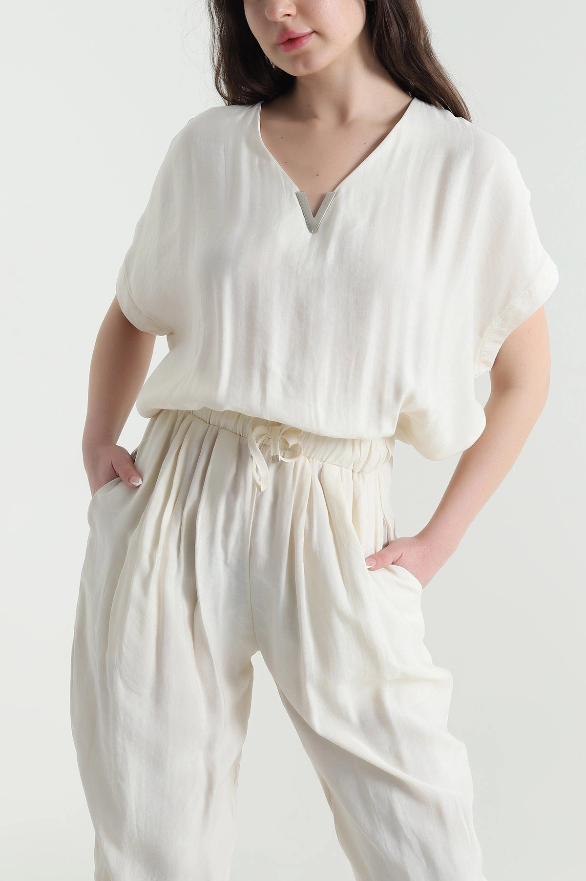 Taş Fermuarlı Bel Lastikli Tencel Kadın Tulum 452634