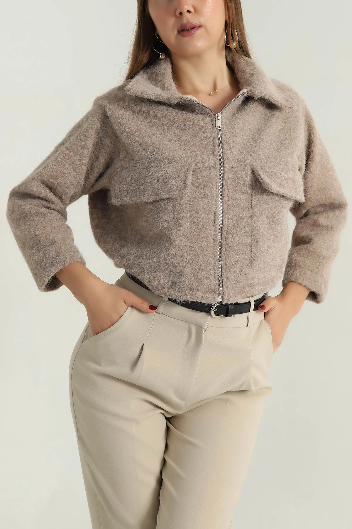 Taş Fermuarlı Kaşe Kadın Mont 404854