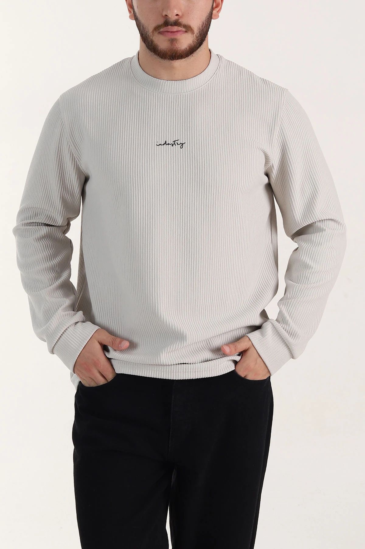 Taş Fitilli Bisiklet Yaka Yazı Detaylı Erkek Sweatshirt 396230