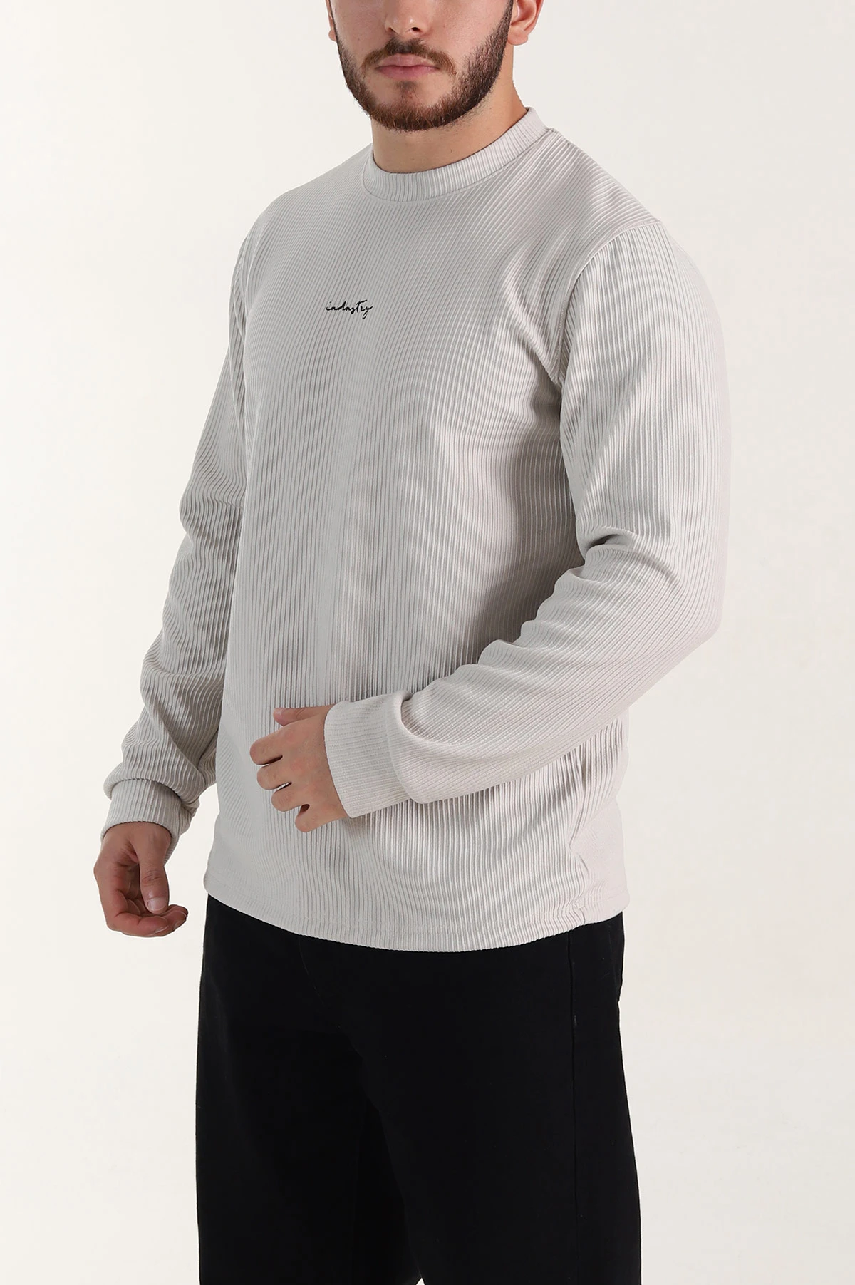 Taş Fitilli Bisiklet Yaka Yazı Detaylı Erkek Sweatshirt 396230