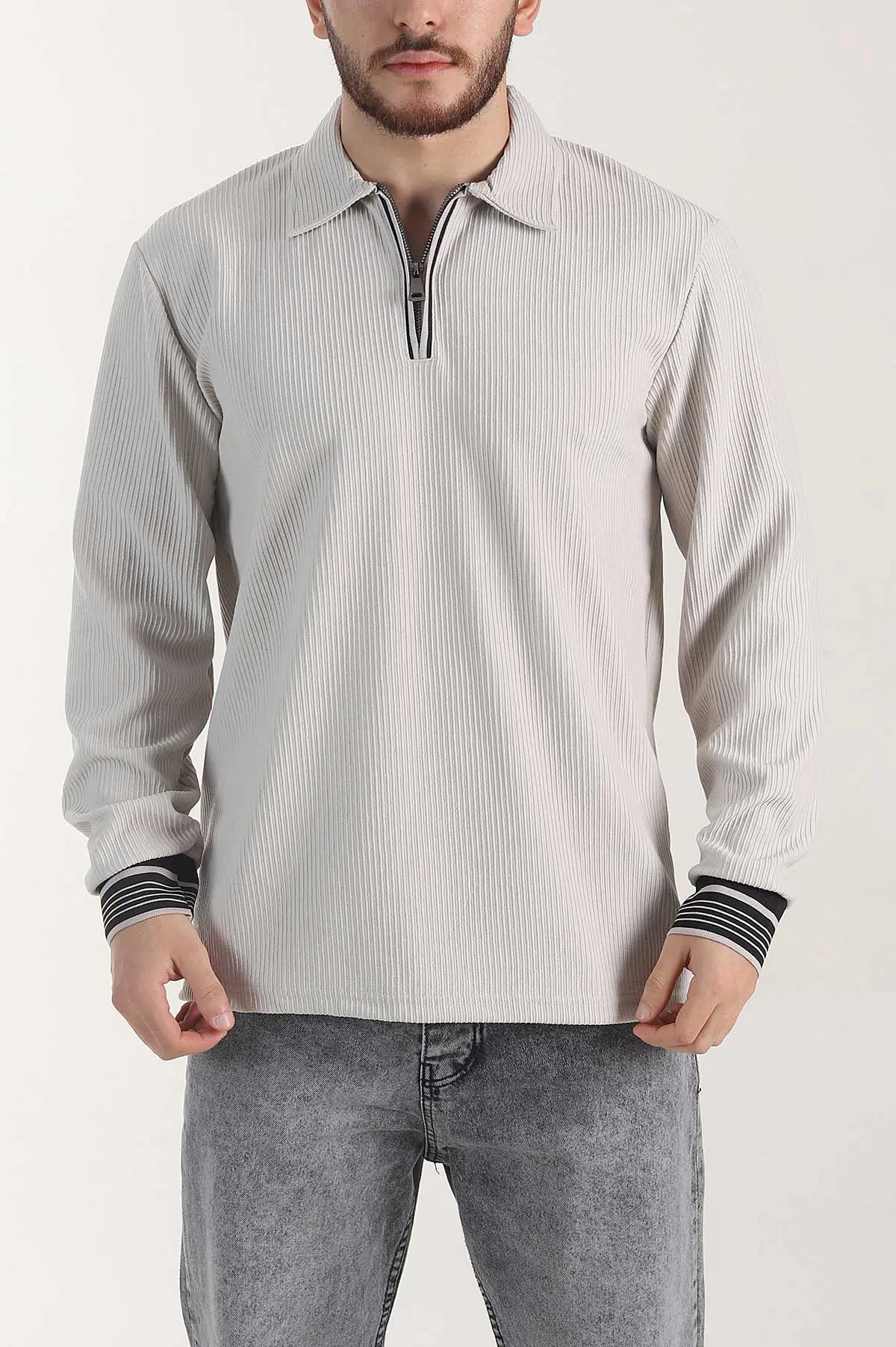 Taş Fitilli Yarım Fermuarlı Dik Yaka Erkek Sweatshirt 404812