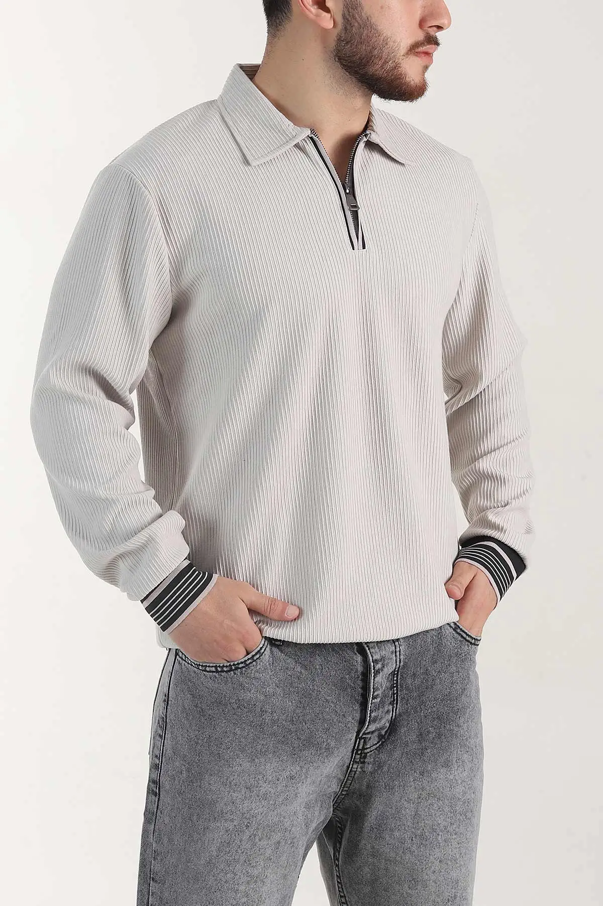 Taş Fitilli Yarım Fermuarlı Dik Yaka Erkek Sweatshirt 404812