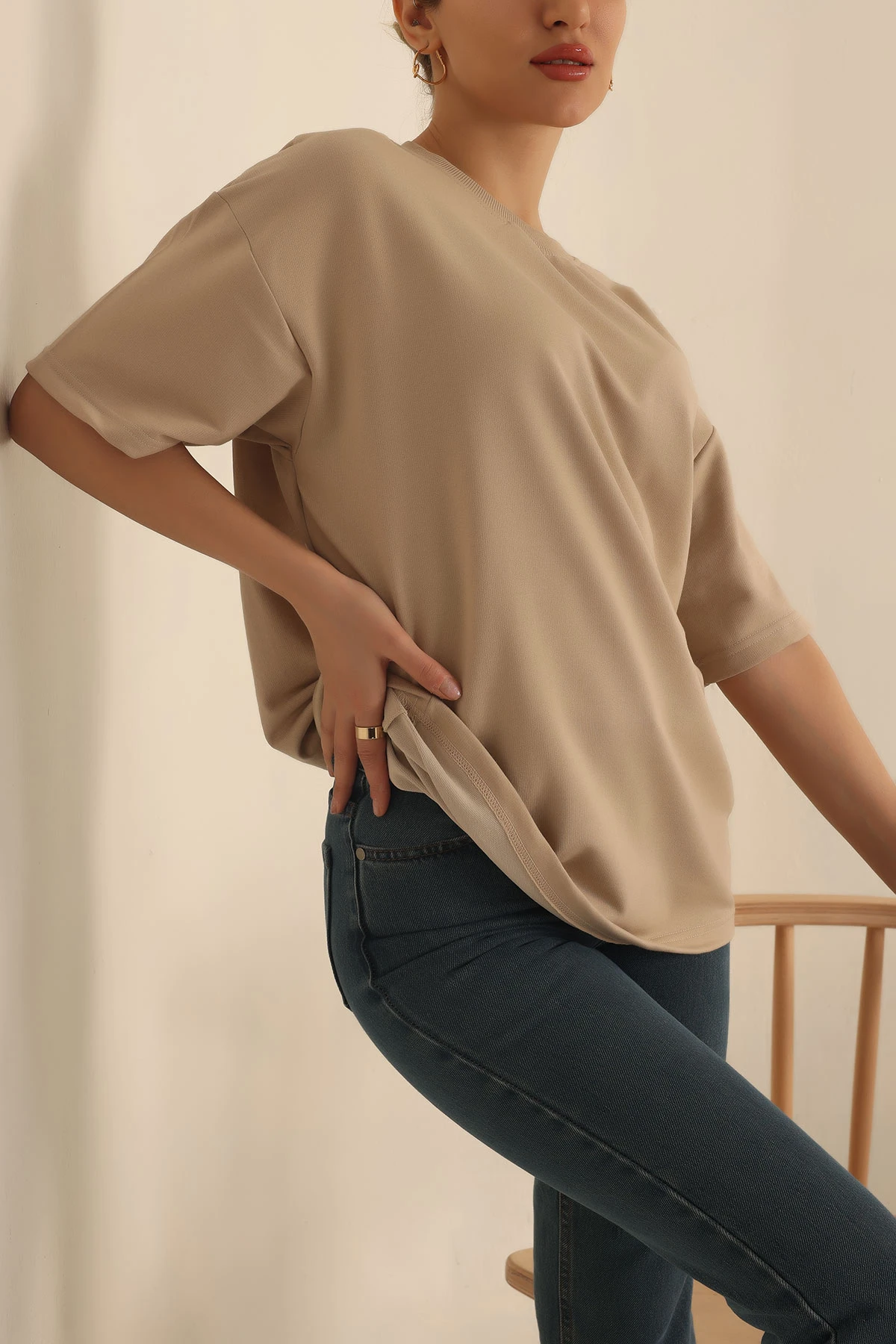 Taş İki İp Oversize Bayan Tişört 234383