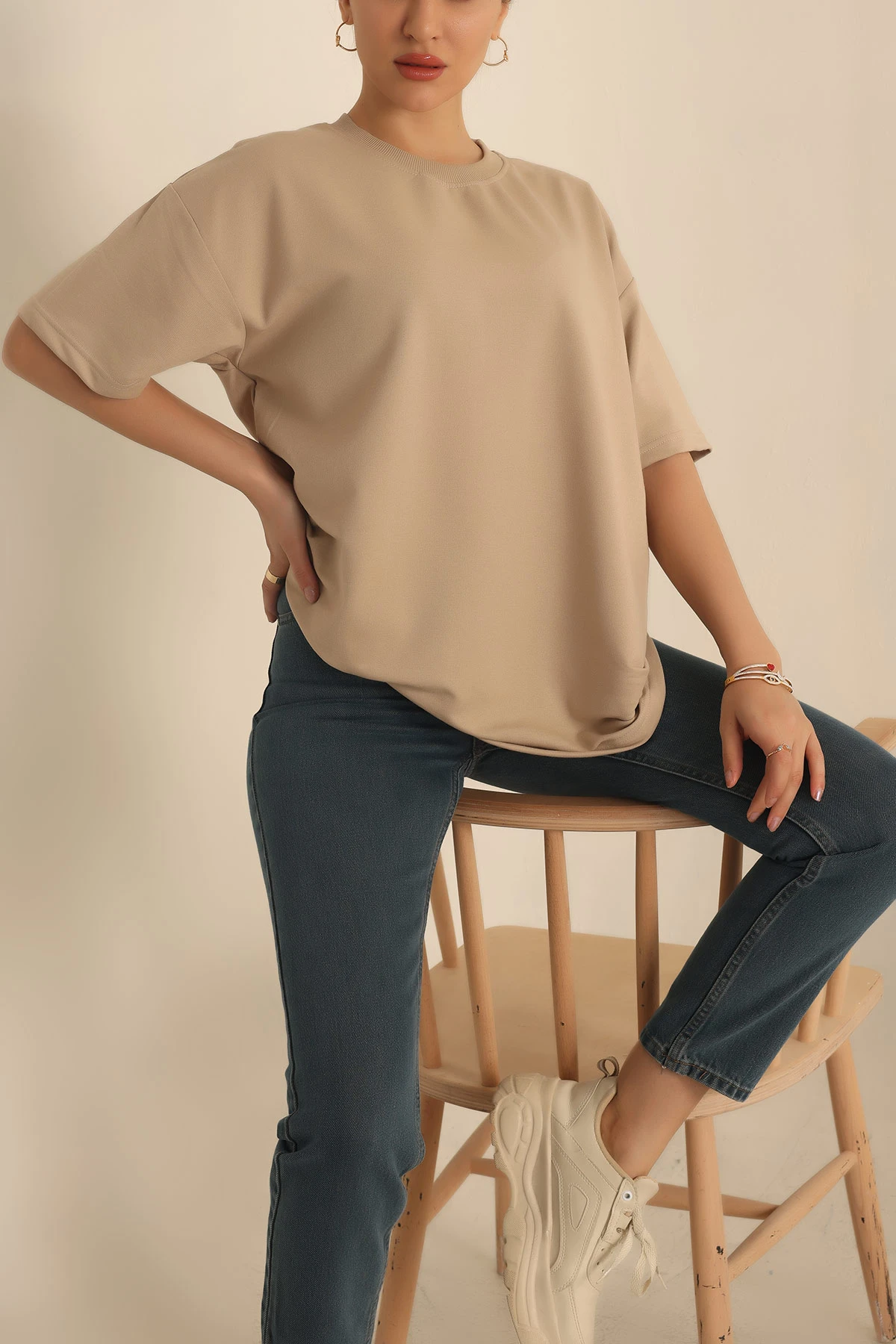 Taş İki İp Oversize Bayan Tişört 234383