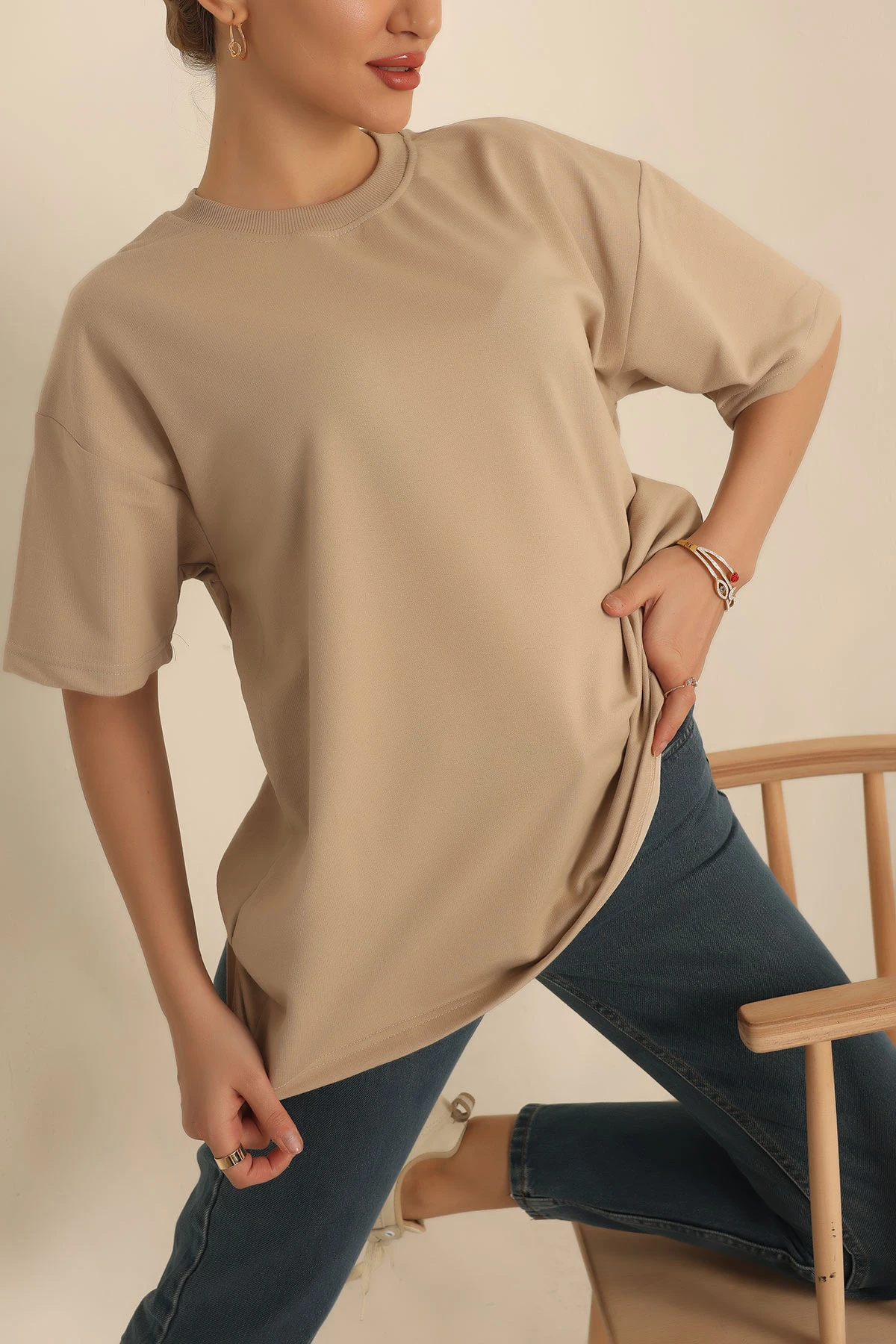 Taş İki İp Oversize Bayan Tişört 234383