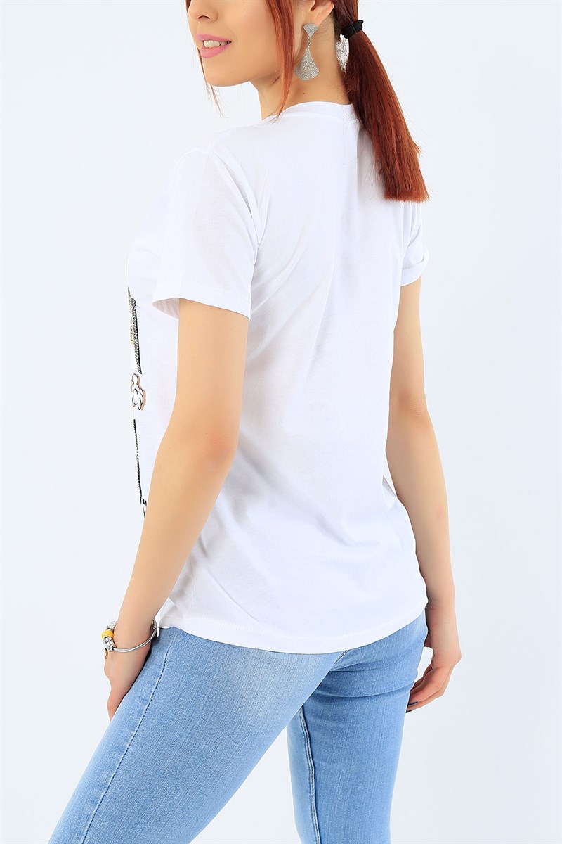 Taş İşlemeli Beyaz Bayan Tişört 31368