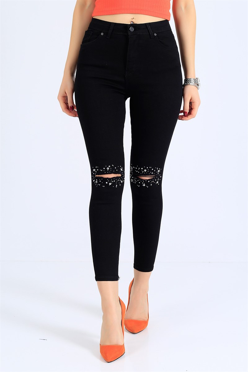 Taş İşlemeli Siyah Bayan Kot Pantolon 25601B