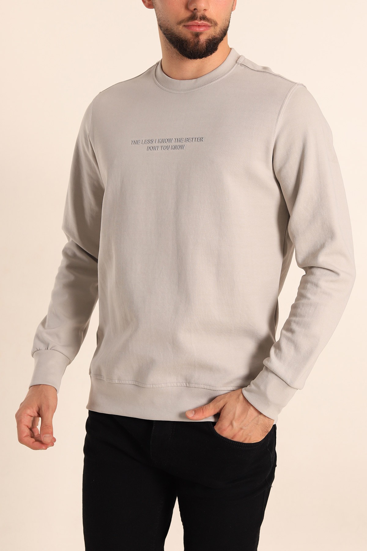 Taş Kabartma Yazılı Bisiklet Yaka Erkek Sweatshirt 204810