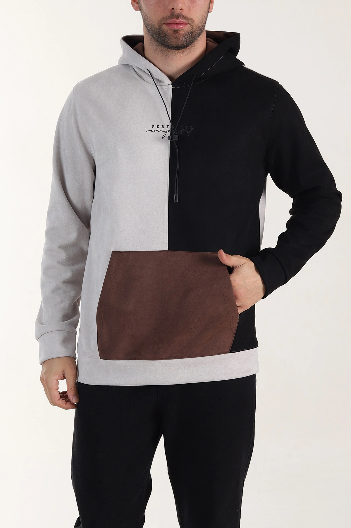 Taş Kahverengi Kapüşonlu Yazı Detaylı Cepli Erkek Sweatshirt 413633