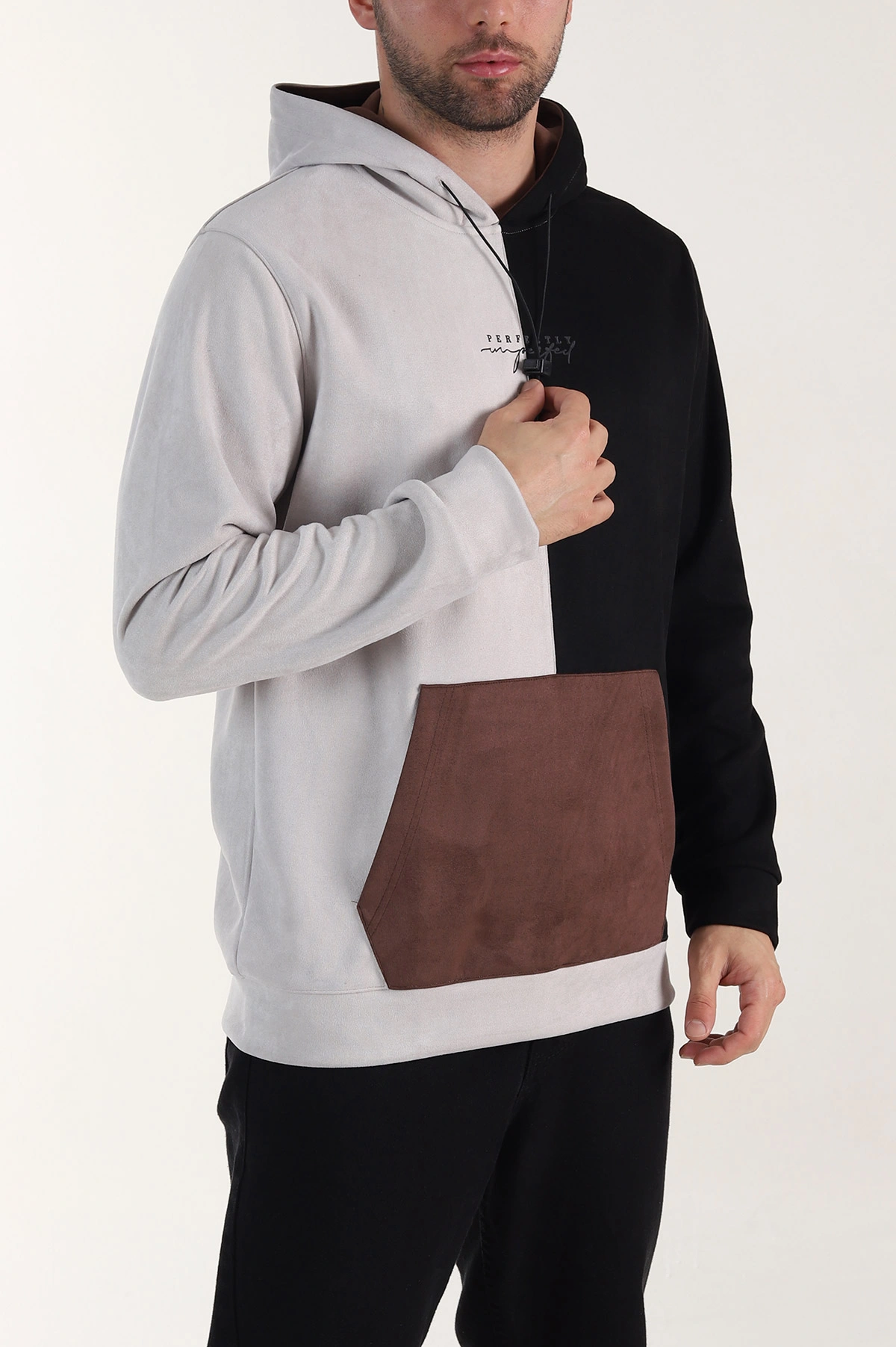 Taş Kahverengi Kapüşonlu Yazı Detaylı Cepli Erkek Sweatshirt 413633