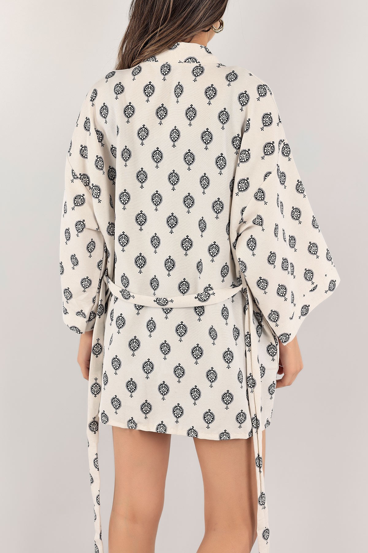 Taş Kemerli Desenli Keten Kimono 118551