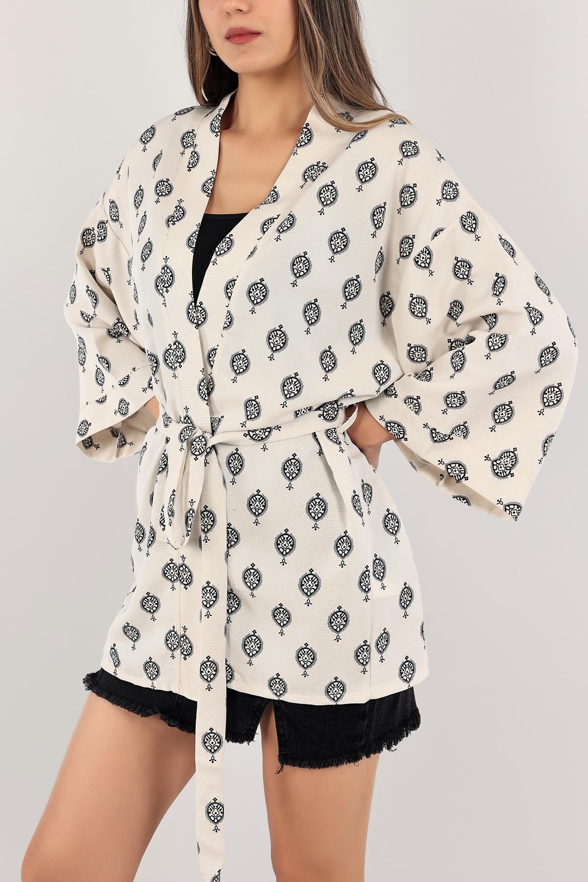 Taş Kemerli Desenli Keten Kimono 118551