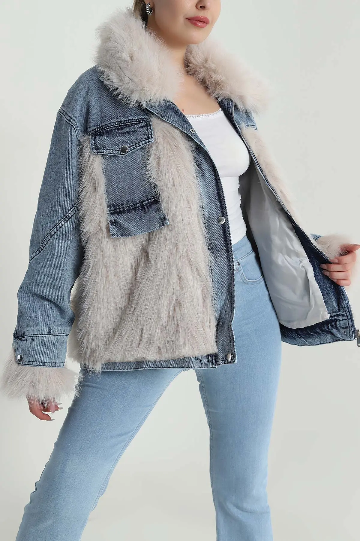 Taş Kot Garnili Yakası Çıkma Kürklü Lolita Kadın Mont 488786