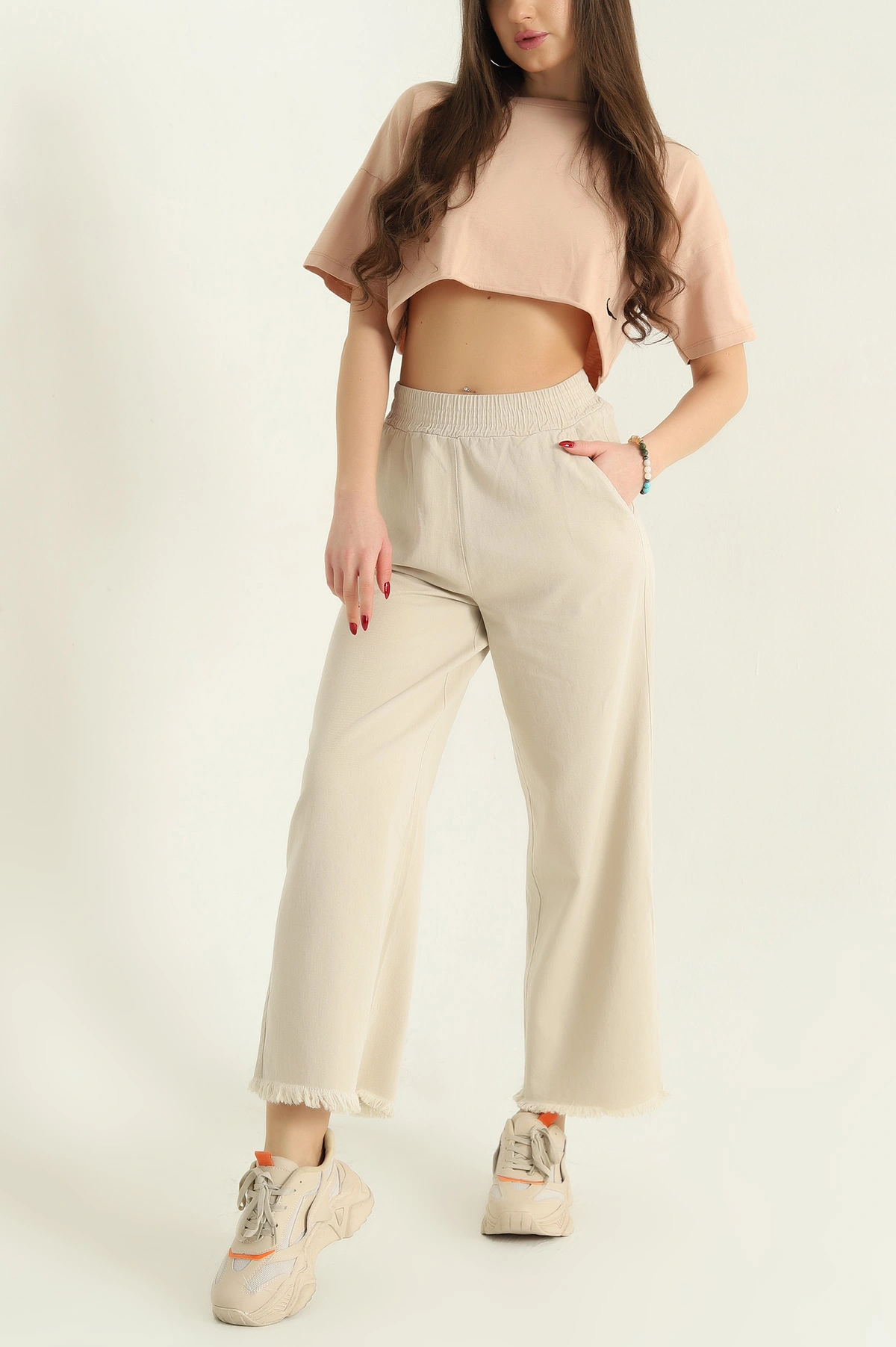 Taş Lazer Kesim Bel Lastikli Bayan Gabardin Pantolon 332718