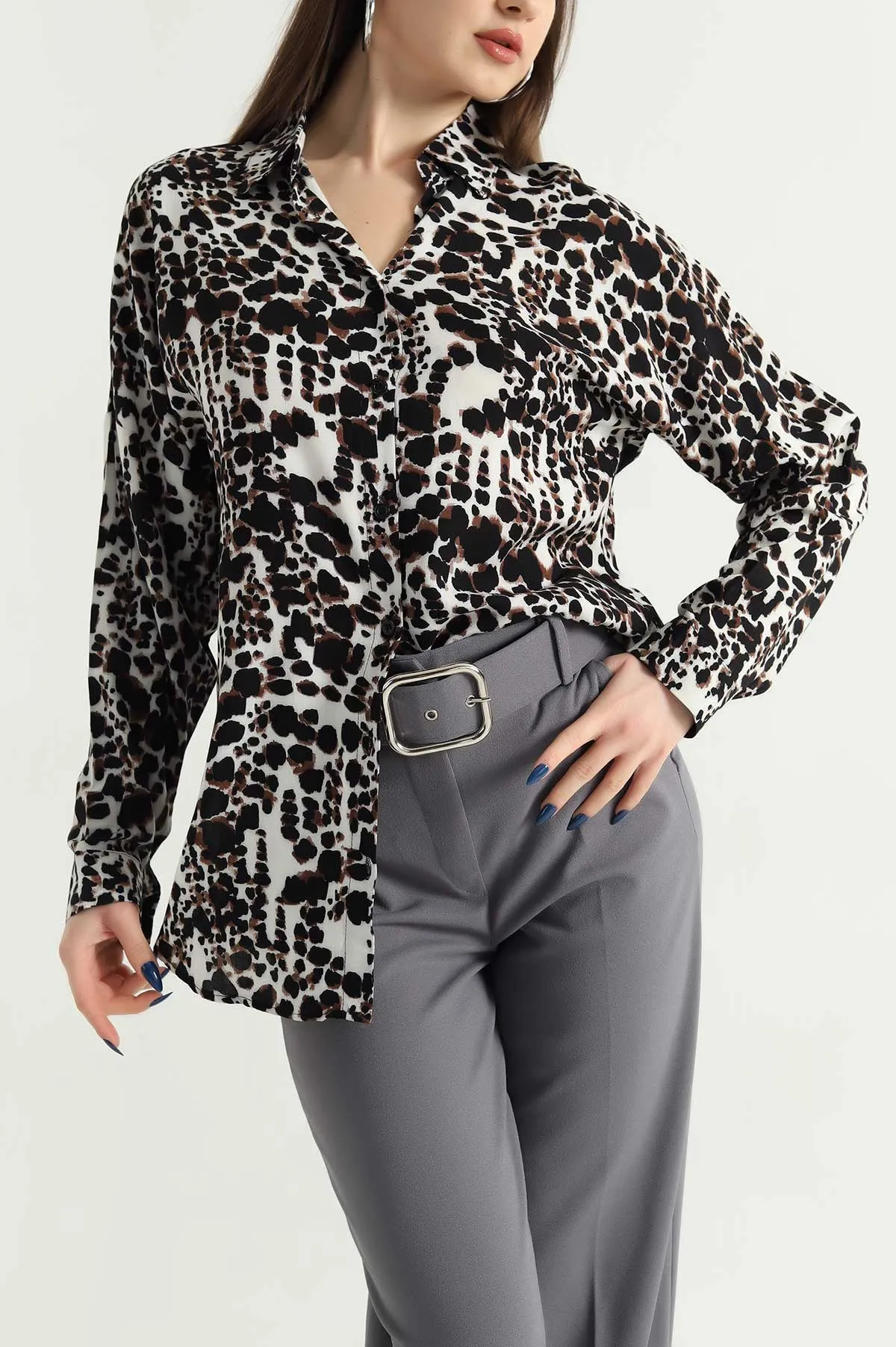 Taş Leopar Desen Dokuma Viskon Gömlek 337834