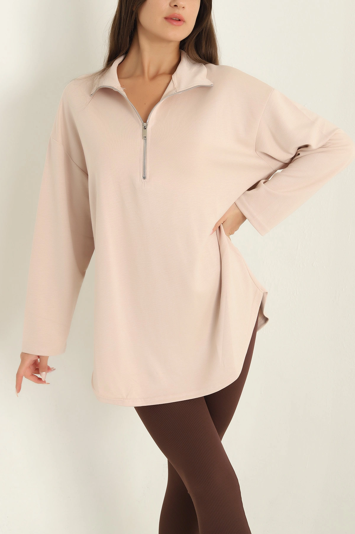 Taş Modal Yarım Fermuarlı Sweat Tunik 292506